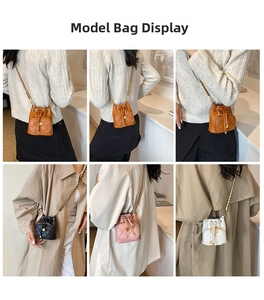 Quilted mini bucket bag with drawstring and chain strap shown in various colors