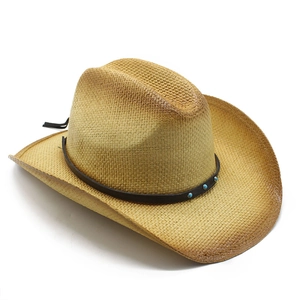 Western Cowboy Straw Hat Wide Brim Sun Protection Paper Fedora With Leather Band Turquoise Beads Vintage Outdoor