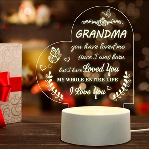 3D acrylic heart night light for Grandma with warm LED base and artistic floral patterns