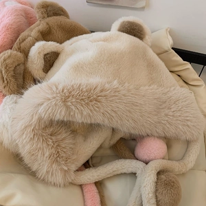 Cute bear ear plush hats in beige, brown and pink colors for winter warmth protection