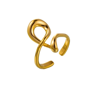 Macro shot of abstract gold-plated stainless steel ring with twisted lines and open band