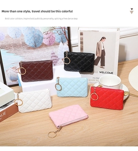 Detailed view of quilted PU leather coin purses with gold zippers and metal keyrings