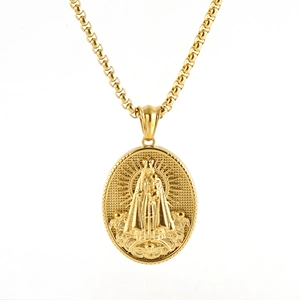 Goldene Vintage-Halskette mit ovalem religiösem Anhänger und polierter Boxkette