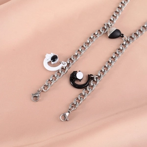 Bracelets gourmette en acier inoxydable avec cœur magnétique et pendentifs de chat