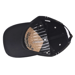 Detail view of cotton baseball cap interior featuring a logo insert and 100% cotton label