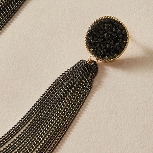 Vintage black and gold tassel earrings with dark crystal studs for women