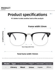 Detailed size chart showing dimensions for the stylish metal half-frame unisex glasses