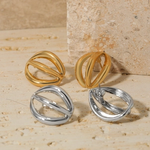 Minimalist multi-layer hollow geometric arc earrings in polished gold and silver finish