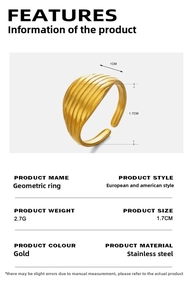Detailed size chart for 18K gold plated stainless steel ring with wave texture