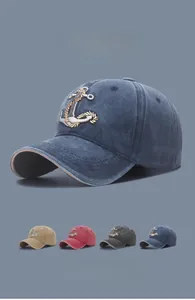 Detail of 3D anchor embroidery and four-color options of washed cotton baseball caps
