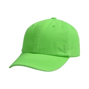 Detailed macro view of the lime green cotton twill baseball cap with reinforced stitching