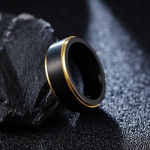 Men Band Ring Titanium Steel Two Tone Black Matte Brushed Gold Edge Minimalist Fashion Jewelry