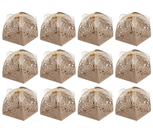 Detailed grid of twelve beige laser-cut wedding candy boxes with delicate ribbon bows