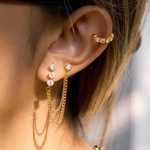 18K gold plated stainless steel chain earrings with white zircon tassels for women