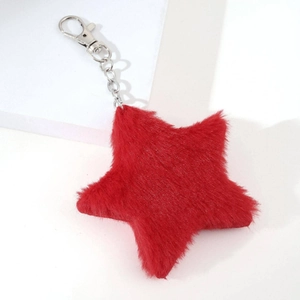 Close-up of a red plush star keychain with a silver lobster clasp on a white background