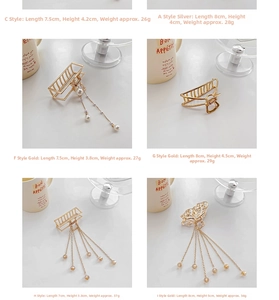 Detailed grid view of butterfly hair claws with pearls and metal tassels in gold and silver