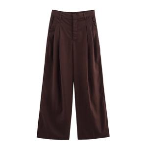 Women's dark brown wide leg trousers with high waist and pleated front detail