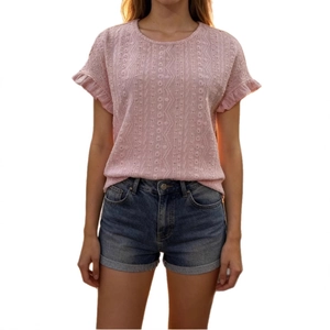 Pink crew neck short sleeve hollow-out top with denim shorts summer casual outfit