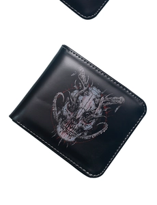 Close-up of gothic demon skull pattern on premium black PU leather short wallet
