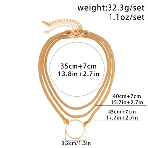 Detailed view of triple-layered golden snake chain necklace set with size and weight specs