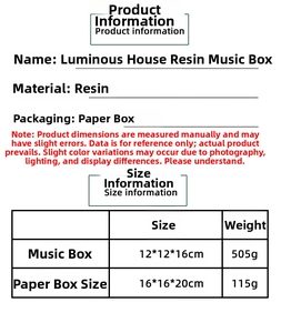 Detaillierte technische Spezifikationstabelle für das leuchtende Haus-Musikbox-Ornament.