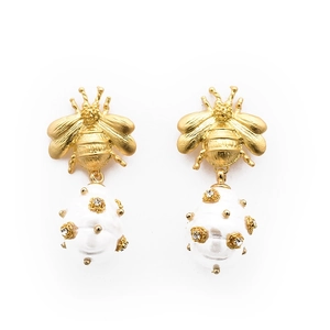 Vintage gold bee stud earrings with white pearl pendants and sparkling crystals for women