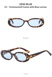 Dettaglio occhiali da sole ovali vintage con montatura tartarugata e lenti blu
