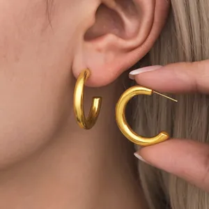 Pendientes De Aro Gruesos Acero Inoxidable Chapado En Oro 18K Forma C Geométrico Minimalista Moderno Joyería Para Mujer