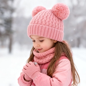 Detailed knit pattern on pink winter hat scarf and gloves set for kids with double pom-poms