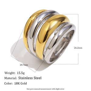 Two-tone layered wavy stainless steel ring with 18K gold plating for women