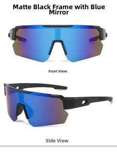 Matte black cycling sunglasses with blue mercury lenses showing front and side views