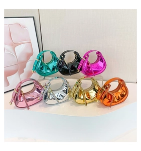 Detailed display of colorful mini glossy leather dumpling bags in seven vibrant metallic colors
