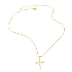 Gold cross pendant necklace with sparkling cubic zirconia on adjustable chain