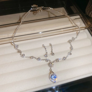 Détail d'un ensemble de collier et boucles d'oreilles goutte d'eau en argent et zircon