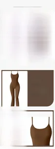 Close-up details of ribbed fabric texture and strappy neckline on dark brown yoga bodysuit