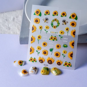 3D embossed sunflower and bee nail art stickers set with realistic floral texture