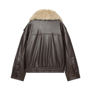 Dark brown faux leather bomber jacket with faux fur collar and elastic hem, back view