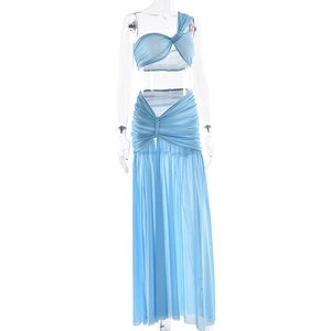 Detail of light blue one-shoulder knotted crop top and ruched skirt in breathable mesh fabric