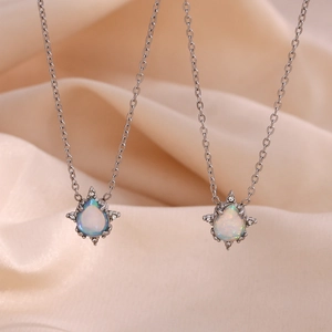 Stainless steel teardrop opal pendant necklace featuring dainty chains and micro-inlaid stones.