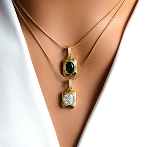 Vintage Gold Plated Copper Emerald White Zirconia Pendant Necklace For Women Elegant Stainless Steel Snake Chain Square Jewelry