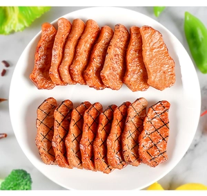 Detailed view of artificial grilled beef slices with realistic char marks on a white plate