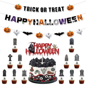 Complete Halloween party decoration set with banners, cake toppers and RIP tombstones
