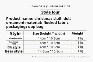 Detailed size and weight chart for handmade plush Christmas tree hanging ornaments