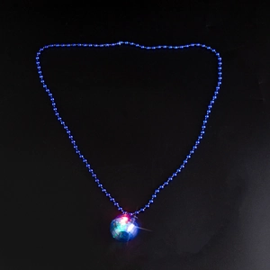 Close-up of a blue beaded necklace featuring a glowing disco ball pendant with RGB lights