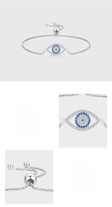 Detail of s925 sterling silver evil eye bracelet with blue zircon and box chain