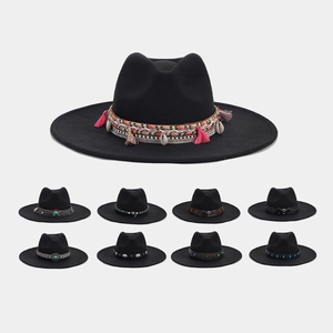 Women Retro Wide Brim Fedora Hat Western Cowboy Style With Ethnic Band Turquoise Shell Tassels Sun Protection Fashionable