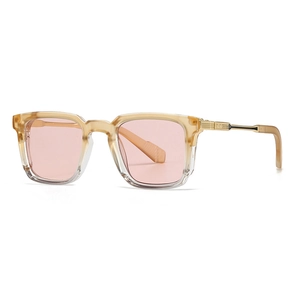 Vintage square sunglasses with champagne frames and pink lenses for men and women