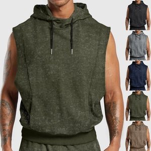 Men's athletic hooded tank top in olive green with drawstring and ribbed hem details