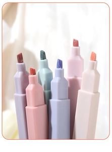 Macro shot of 6-color macaron chisel tip highlighters with soft fiber nibs and matte finish