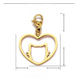 Macro view of gold heart-shaped cat pendant with lobster clasp and 26mm x 19mm dimensions